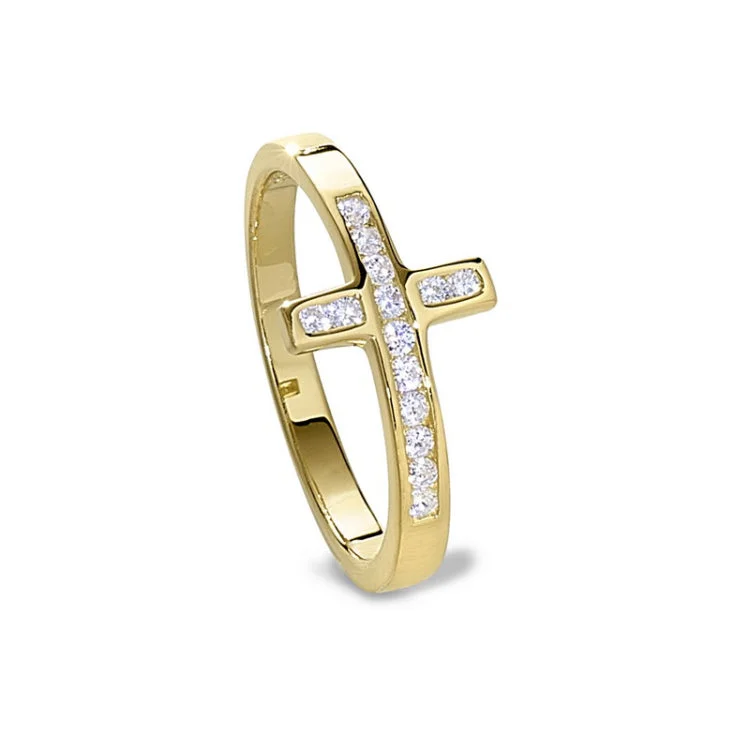 Custom halo engagement rings for women -Gold finish sterling silver micropave cross ring with simulated diamonds - size 5