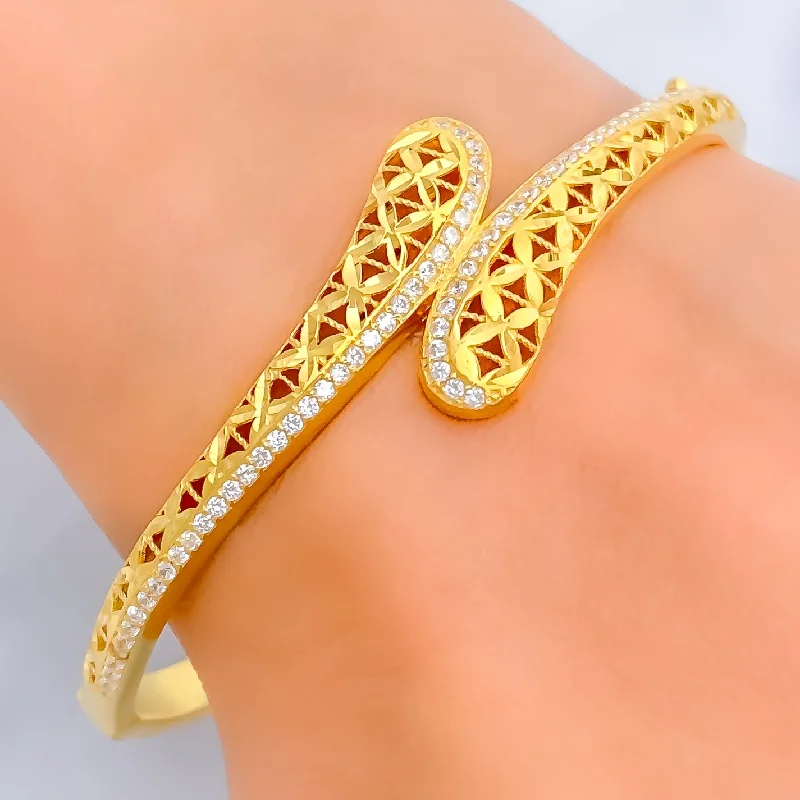 Fine gold bracelets for women -Lavish Overlapping 22k Gold CZ Bangle Bracelet