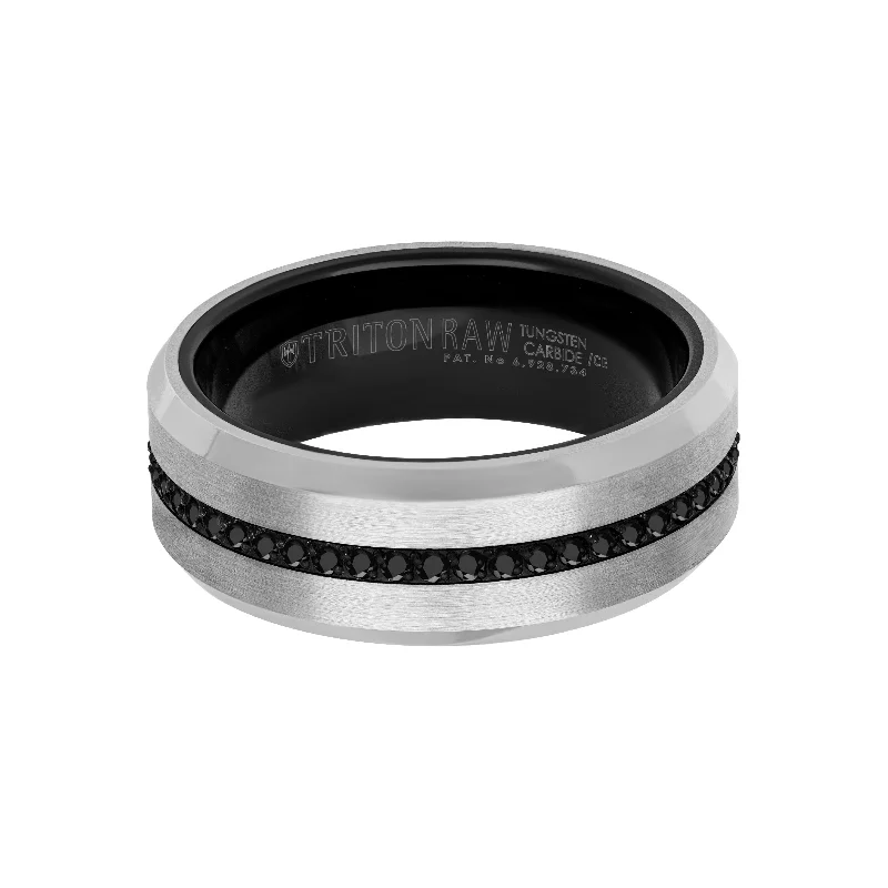 Vintage-inspired rings for women -8MM Tungsten Carbide Ring - Eternity Black Heat-Treated Sapphires and Beveled Edge