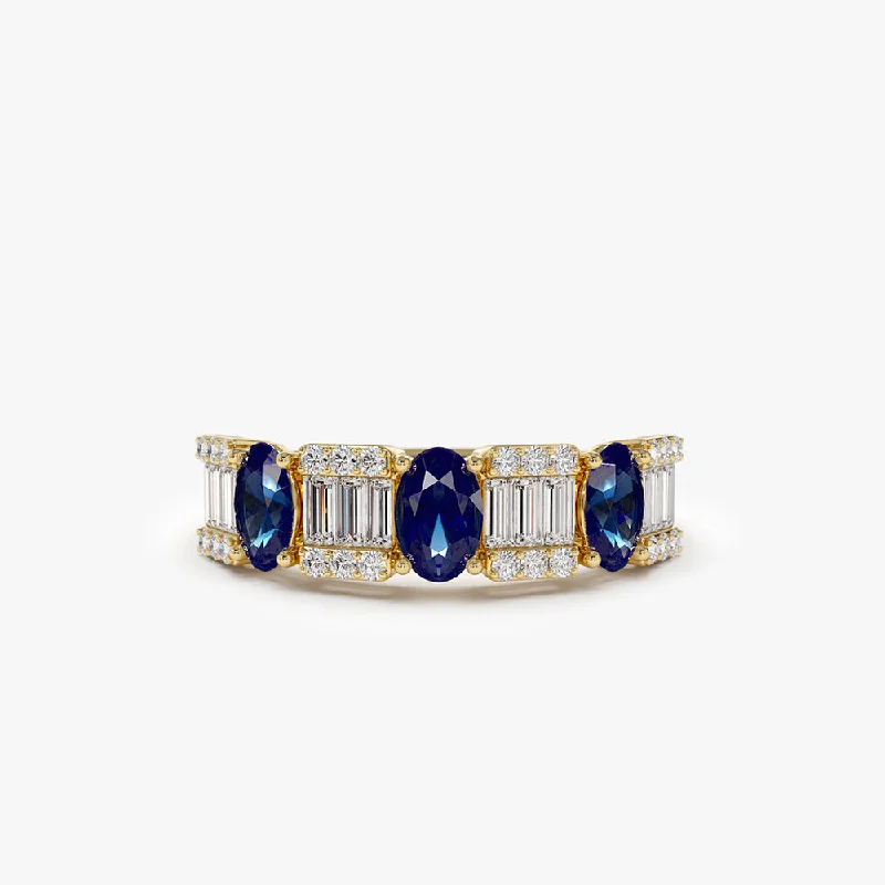 Vintage-inspired engagement rings for women -14K Baguette & Round Diamond with Genuine Sapphire Ring