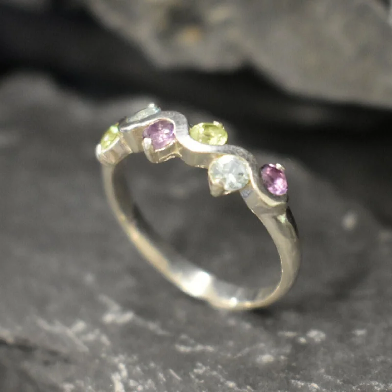 Luxury wedding rings for women -Colorful Topaz Ring - Wavy Multistone Band- Amethyst Peridot Blue Topaz Ring