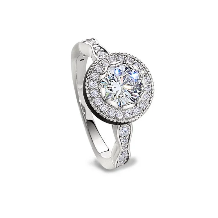 Affordable engagement rings for women -Platinum Finish Sterling Silver Micropave Round Halo Ring with Simulated Diamonds - Size 6