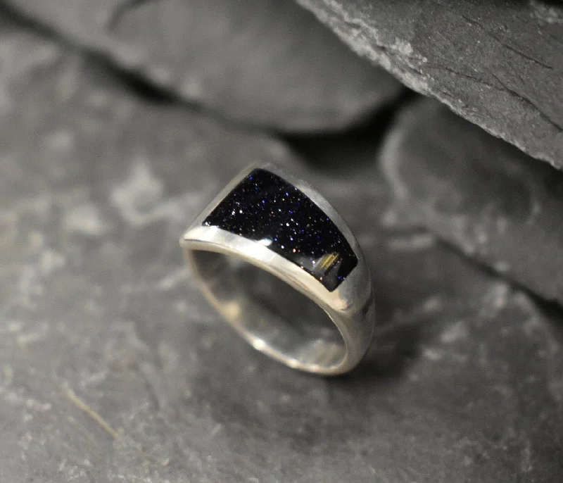 Colorful rings for women -Real Sandstone Ring - Dark Blue Ring - Wide Band Ring