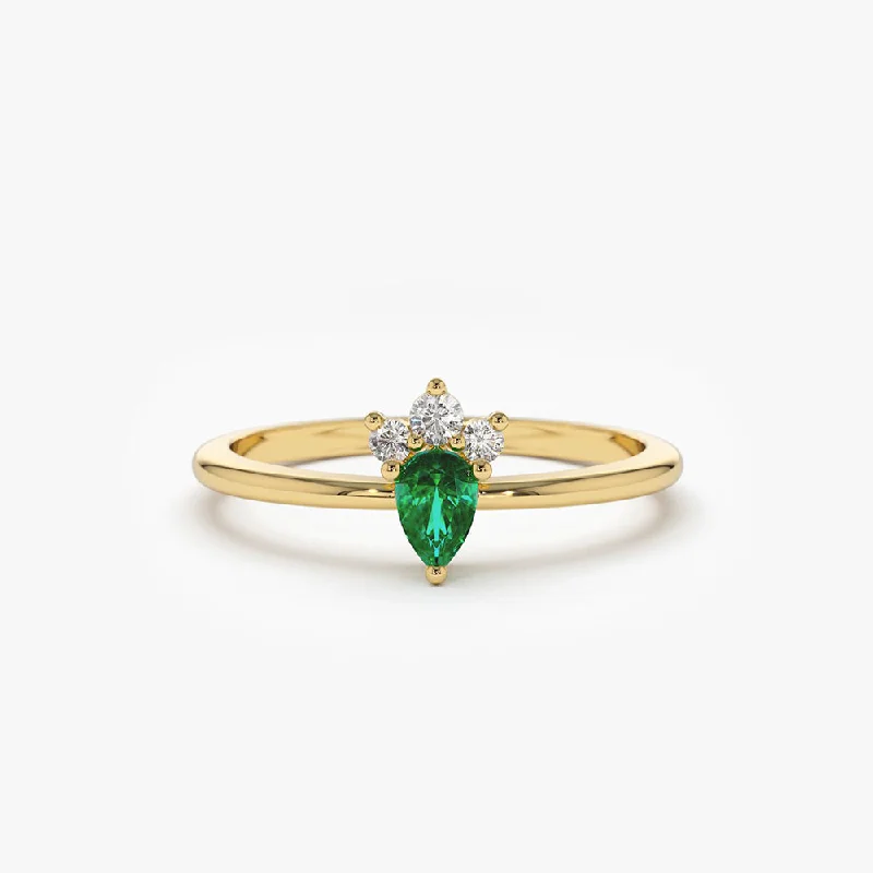 Floral engagement rings for women -14k Mini Emerald and Diamond Ring