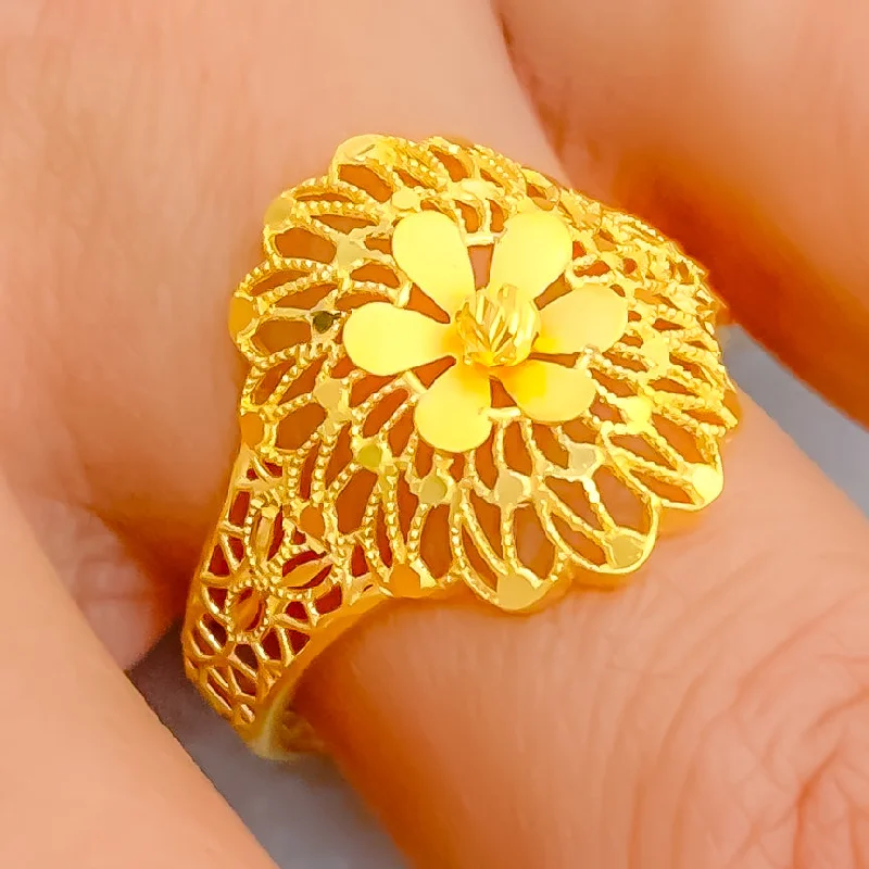 Silver diamond rings for women -Gorgeous Glossy 22k Gold Floral Mesh Ring