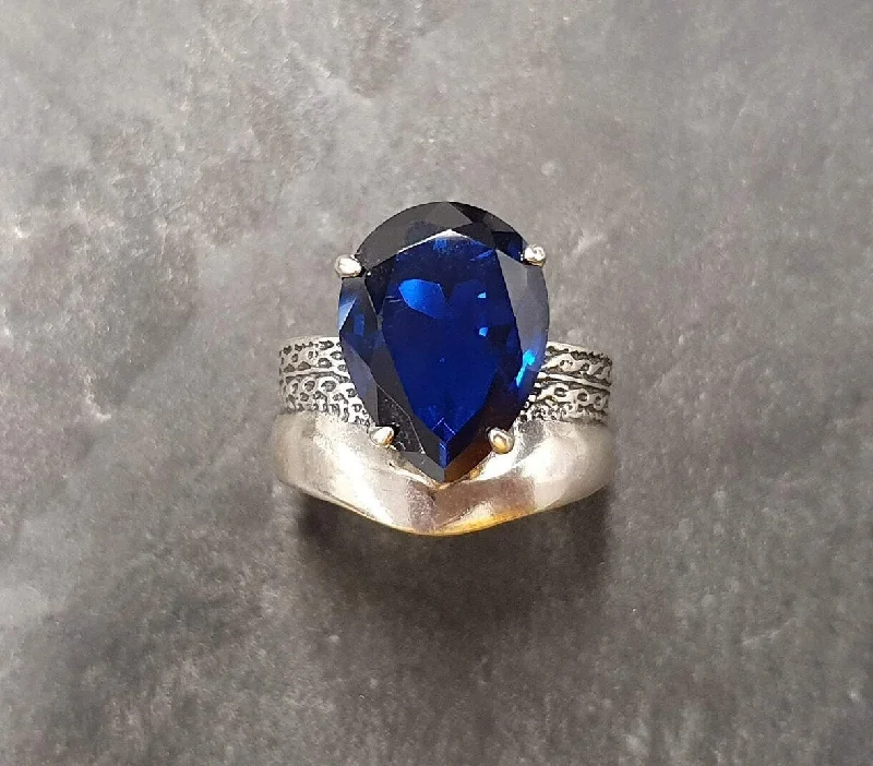 Diamond rings for women -Sapphire Statement Ring - Blue Teardrop Ring - Chunky Sapphire Ring