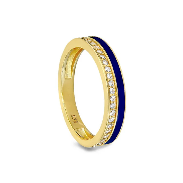 Simple solitaire engagement rings for women -Gold Vermeil Sterling Silver Micropave Ring with with Navy Enamel and Simulated Diamondss