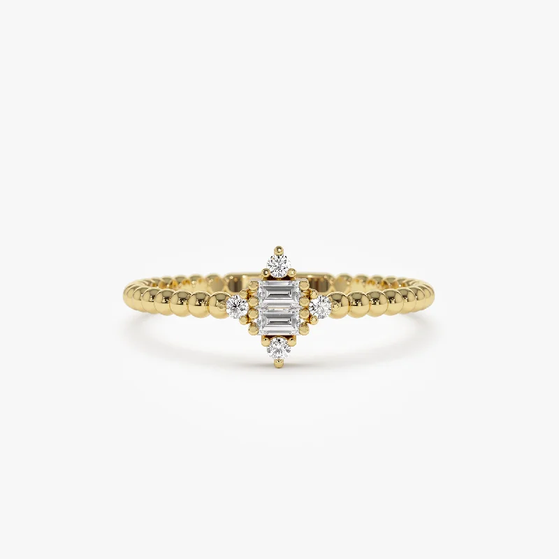 Exclusive engagement rings for women -14k Beaded Baguette and Round Diamond Stacking Ring