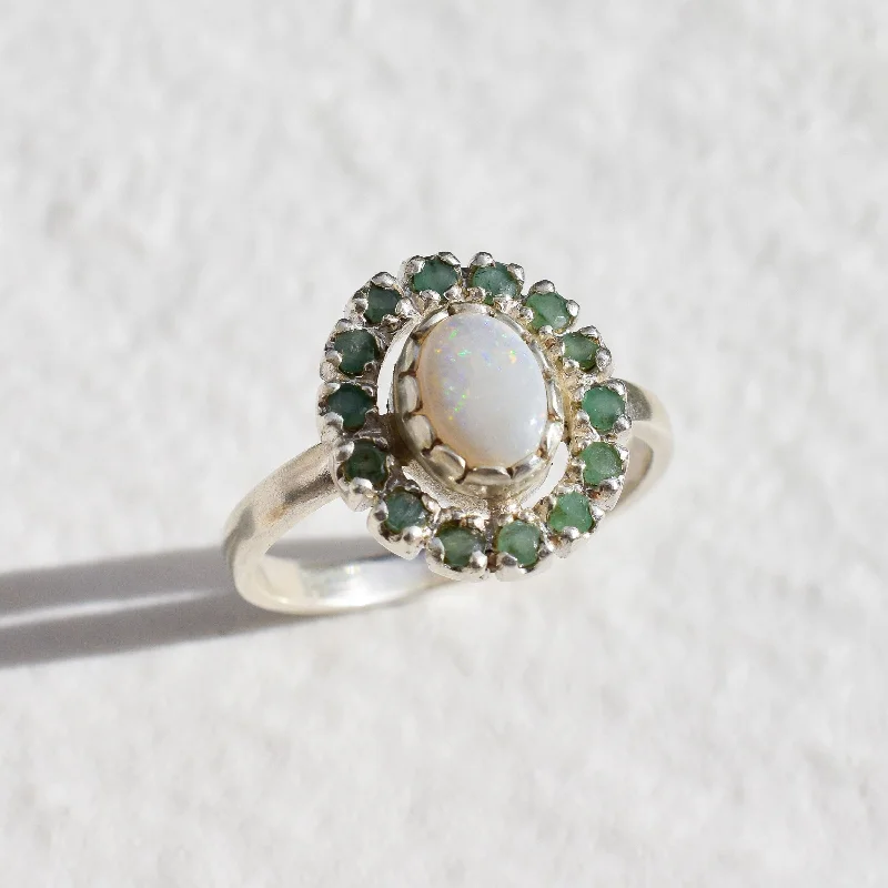 Heart-shaped rings for women -Victorian Opal Ring - Opal Flower Ring - White Green Vintage Ring