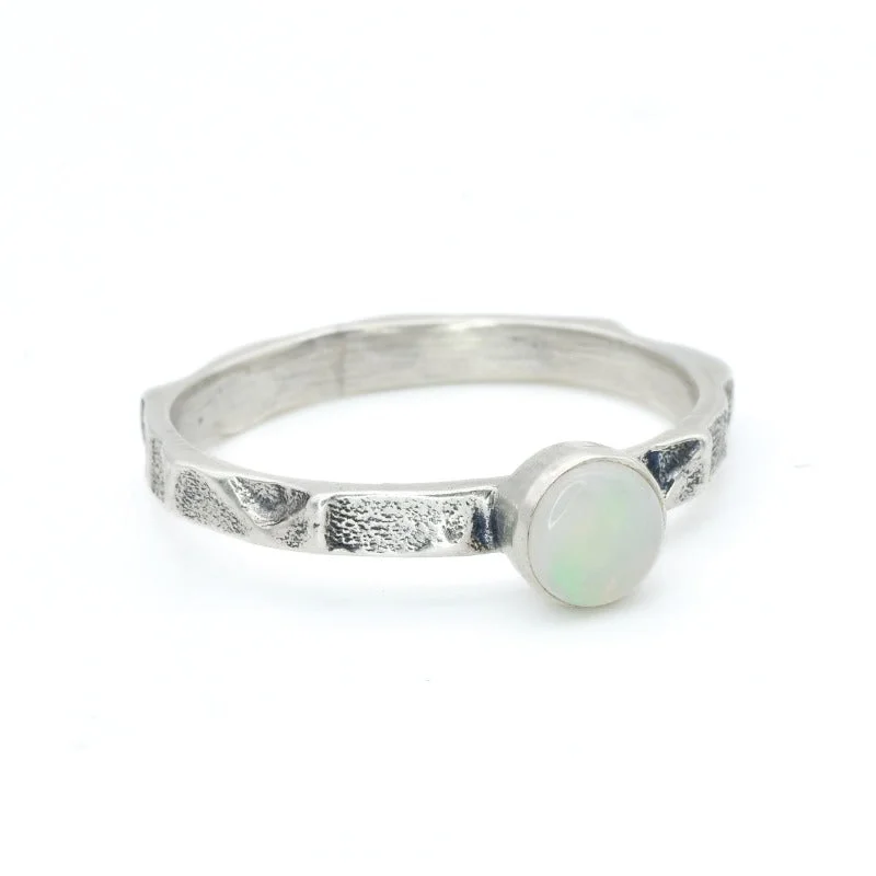 Double rings for women -Australian Opal Ring - White Round Ring - Hammered Silver Band