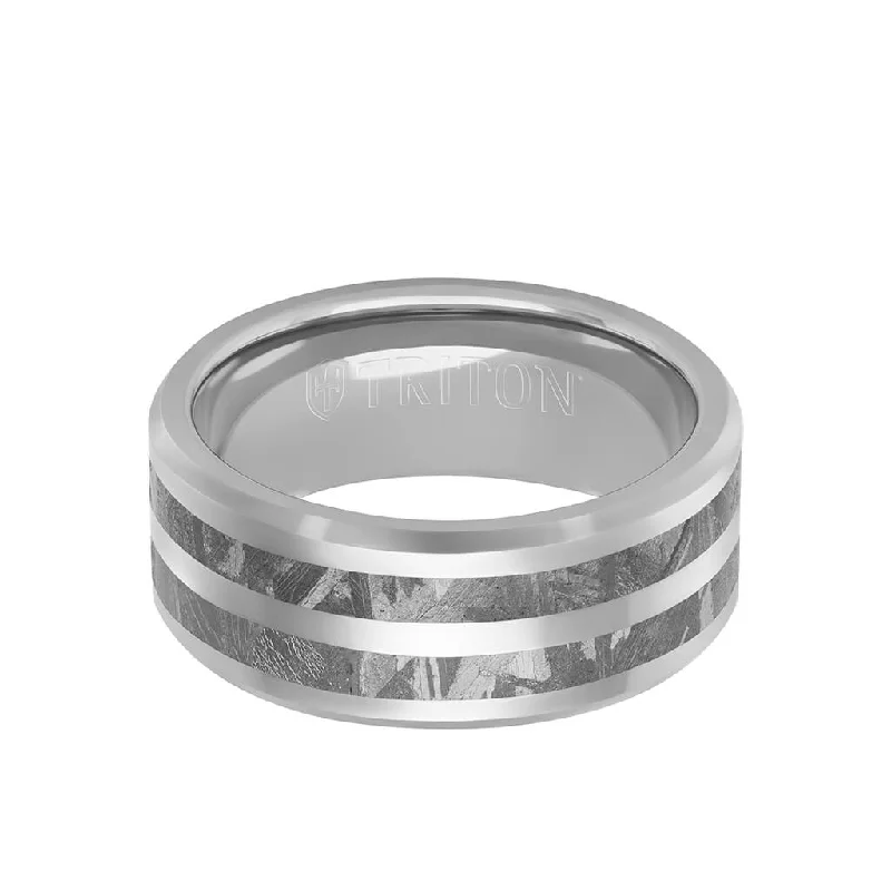 Anniversary rings for women -9MM Tungsten Carbide Ring - Double Row Meteorite Inlay Edge To Edge