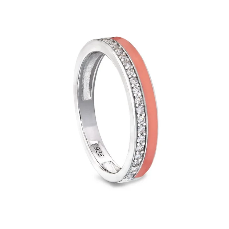 Unique gemstone engagement rings for women -Platinum finish sterling silver micropave ring with with coral enamel and simulated diamondss