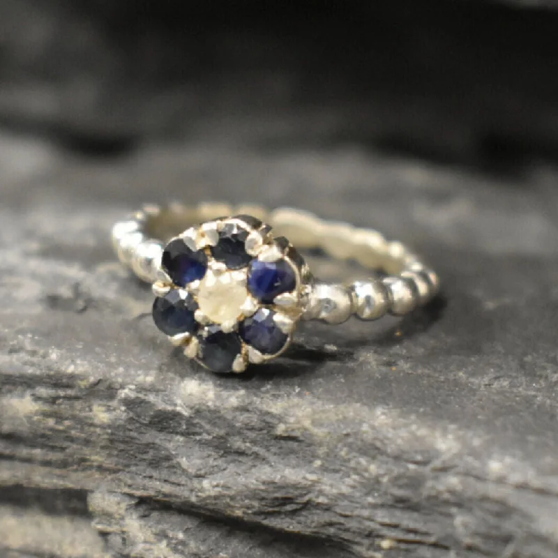 Geometric rings for women -Sapphire Flower Ring - Daisy Silver Ring - Dainty Moonstone Ring