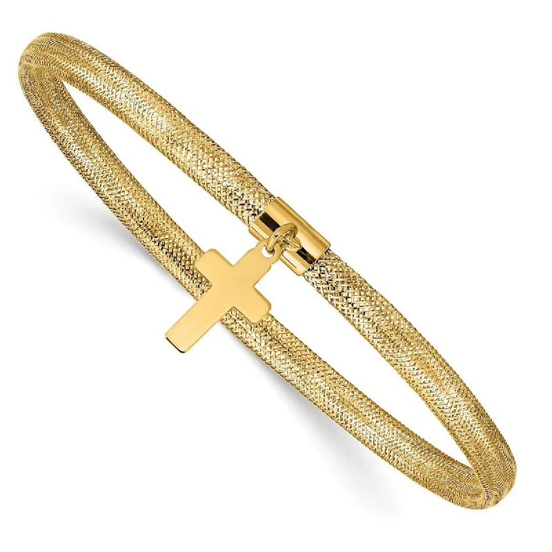 Bohemian bangles for women -Curata 14k Yellow Gold Mesh Religious Faith Cross Dangle Stretch Bracelet