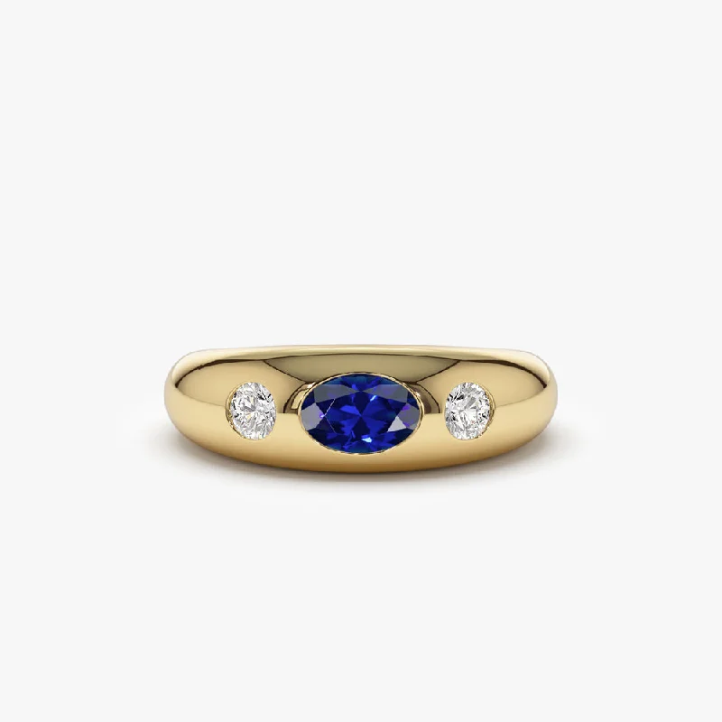 Engagement rings with side stones for women -14k Oval Blue Sapphire with Round Diamonds Dome Ring