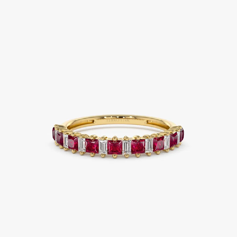 Dazzling sapphire engagement rings for women -14k Unique Princess Cut Ruby and Baguette Diamond Ring