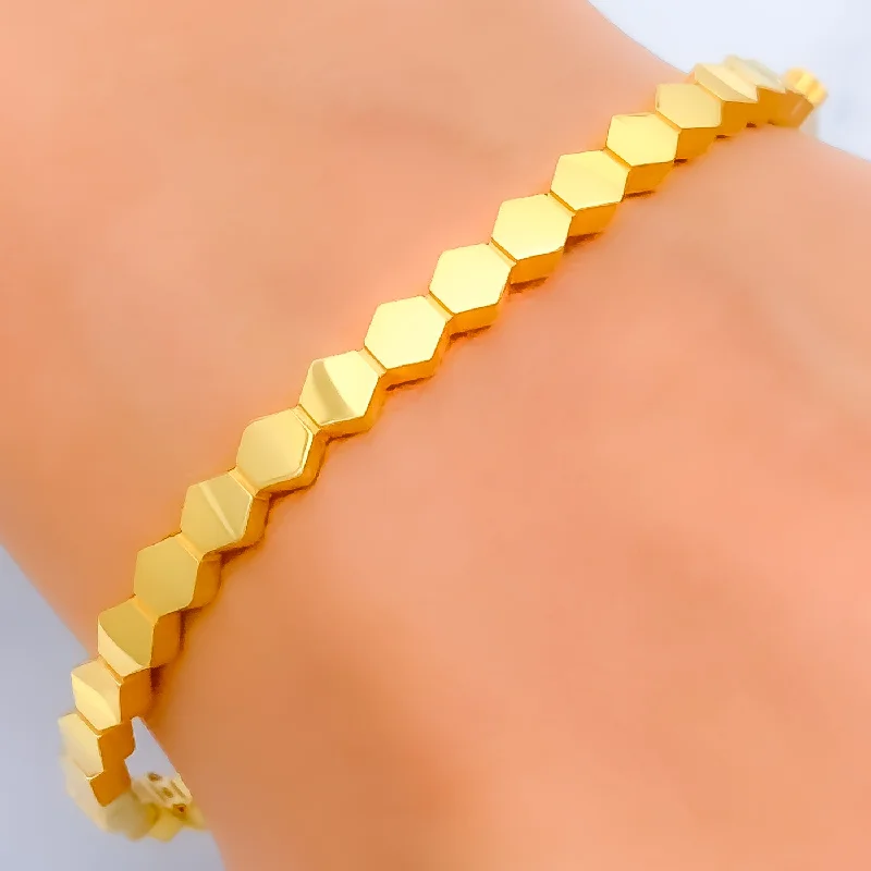 Stackable bracelets for women -Glossy Lined Hexagon 22k Gold Bangle Bracelet