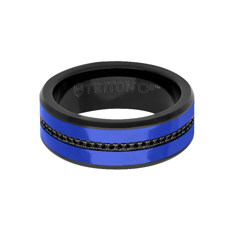 High-end rings for women -8MM Tungsten Carbide Ring - Ceramic C8 Inlay with Eternity Black Sapphires and Broken Edge