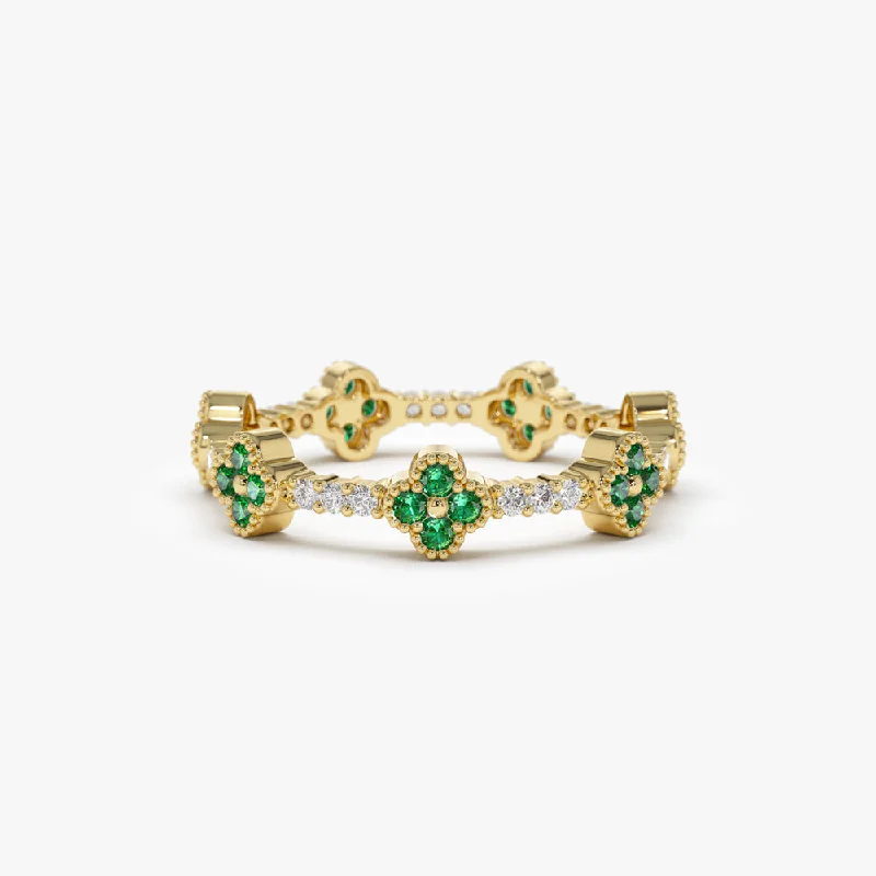 Affordable diamond engagement rings for women -14k Full Eternity Clover Emerald and Diamond Ring