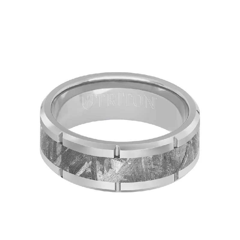 Diamond eternity rings for women -8MM Tungsten Carbide Ring - Meteorite Inlay with Link Edge