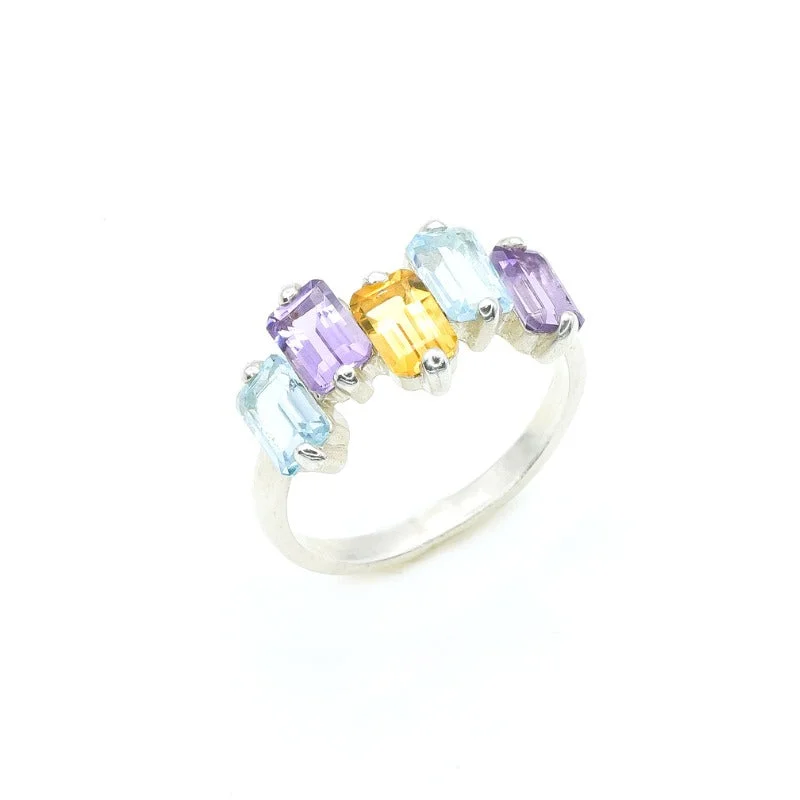 Luxury rings for women -Genuine Topaz Ring - Amethyst Citrine Blue Topaz Ring - Colorful Baguette Band