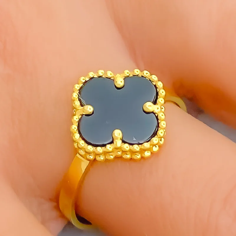 Stackable rings for women -Classy Black Onyx 21K Gold Clover Ring