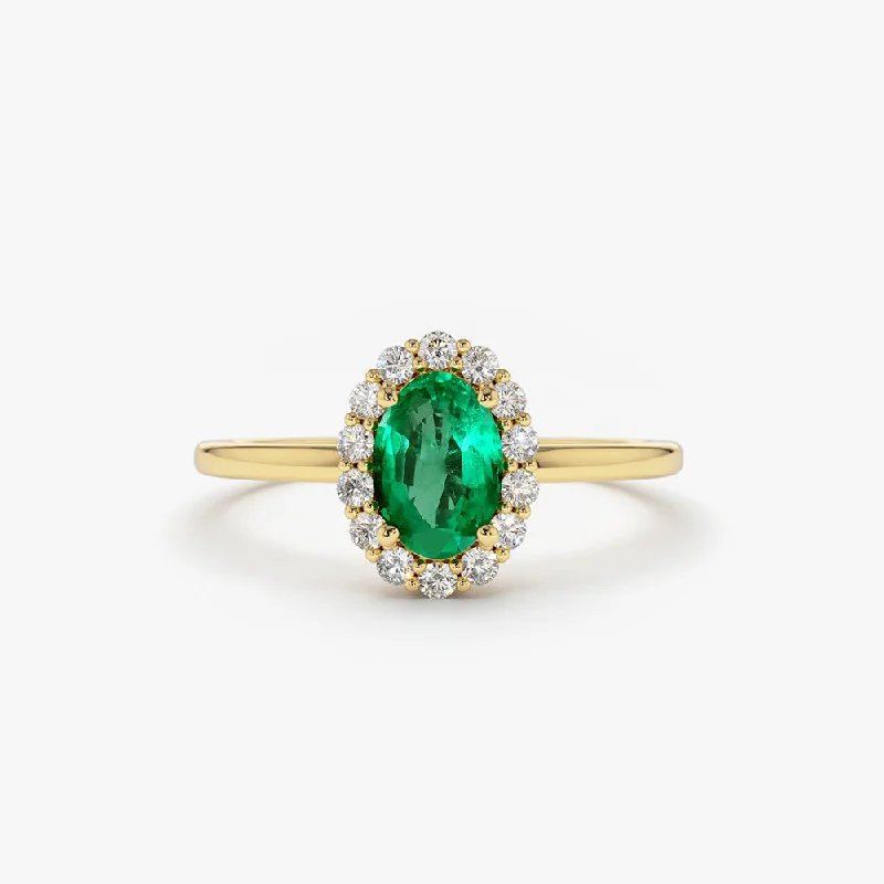 Engagement rings with a twist band for women -14K Gold Oval Cut Emerald Halo Diamond Ring