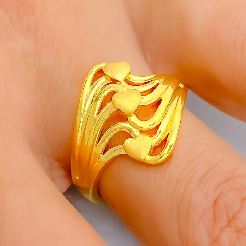 Trendy rings for women -Smooth Triple Heart 22k Gold Ring