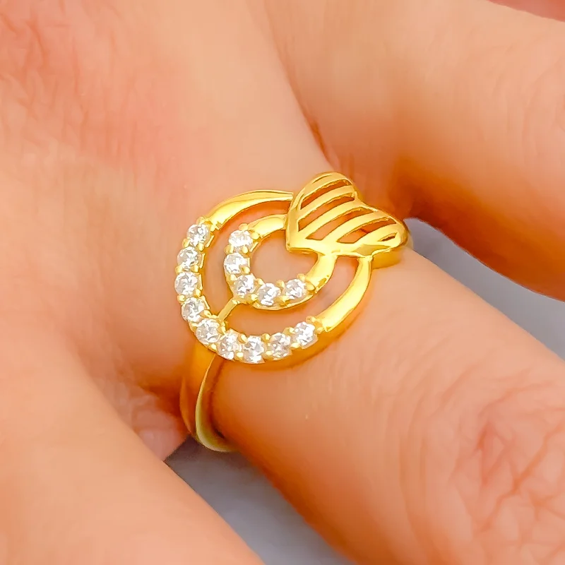 Stackable rings for women -Modern Striped Heart 22k Gold CZ Ring