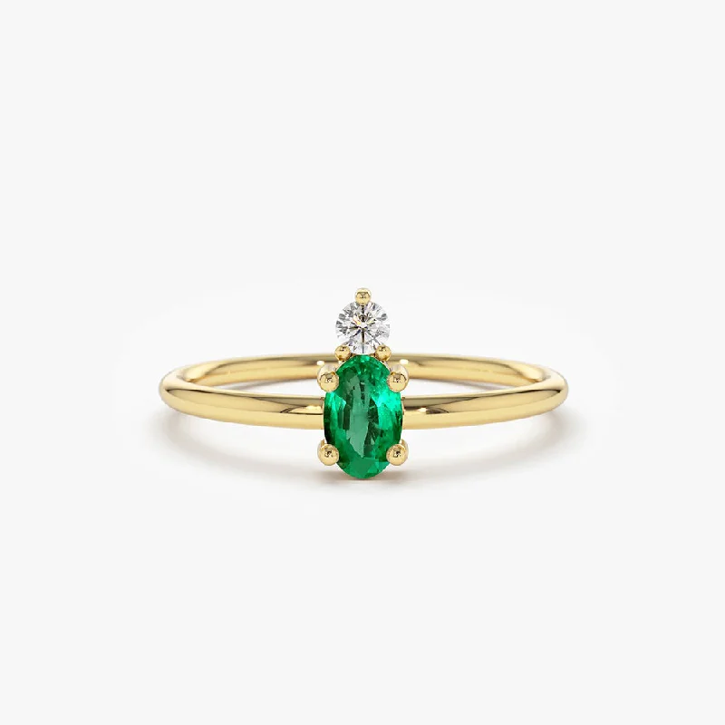 Simple solitaire engagement rings for women -14K Gold Oval Emerald and Diamond Ring