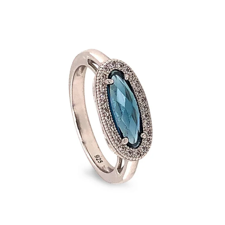 Engagement rings with a twist band for women -Platinum Finish Sterling Silver Micropave Oblong Ring with Simulated London Blue Topaz and Simulated Diamonds