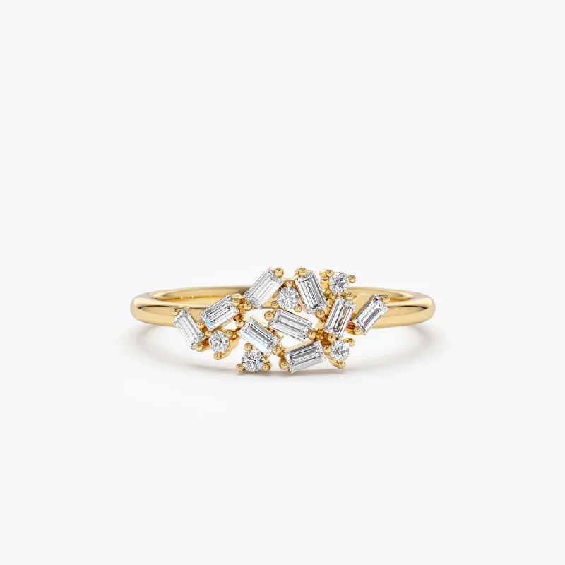 Art deco engagement rings for women -14k Baguette and Round Diamond Dainty Cluster Ring