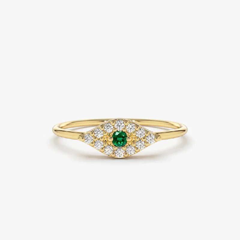 Unique setting engagement rings for women -14K Diamond and Emerald Evil Eye Ring