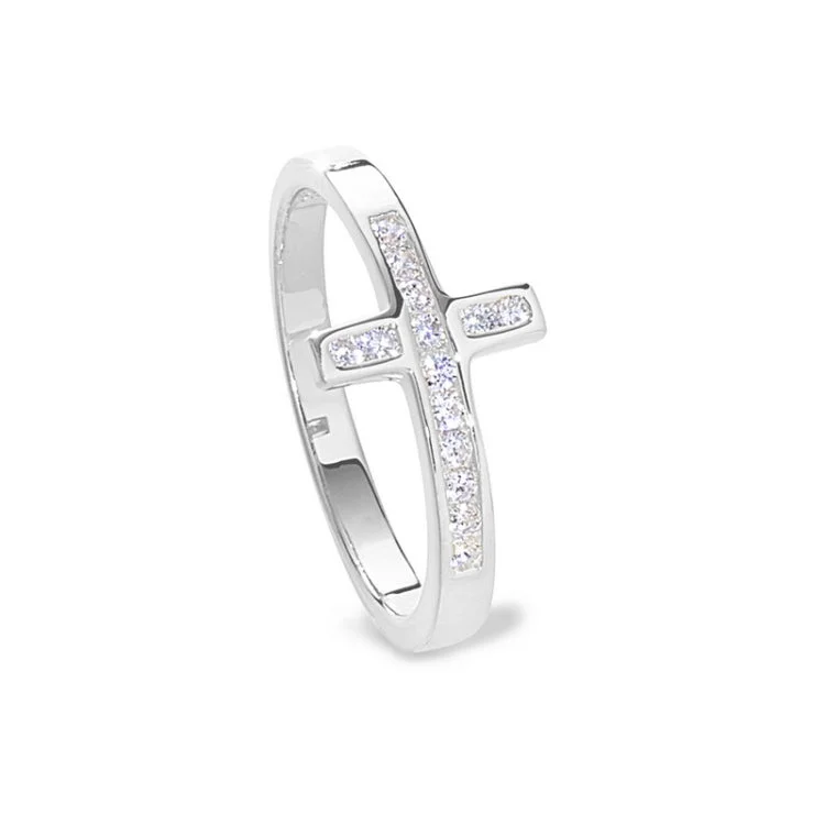 Stackable engagement rings for women -Platinum finish sterling silver micropave cross ring with simulated diamonds - size 5