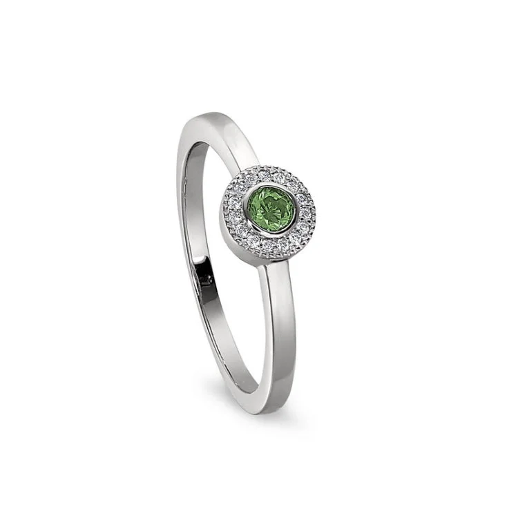 Unique engagement ring designs for women -Platinum Finish Sterling Silver Micropave Round Simulated Peridot Ring with Simulated Diamonds Size 8