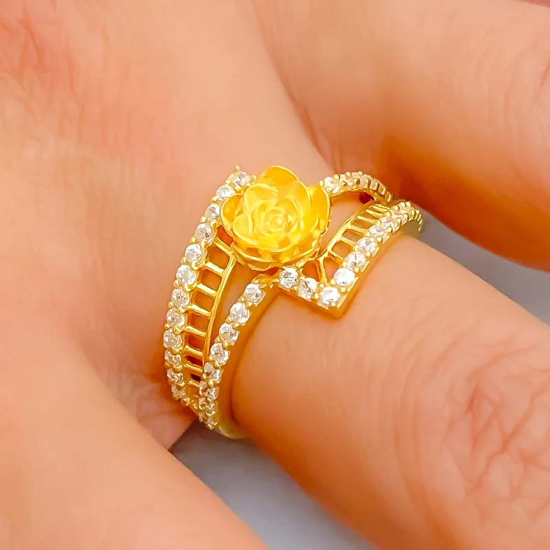 Antique rings for women -Charming Fancy Floral 22k Gold CZ Ring