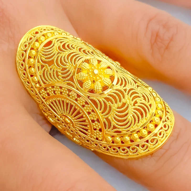 Handmade rings for women -Intricate Wavy 22k Gold Elongated Jali Ring