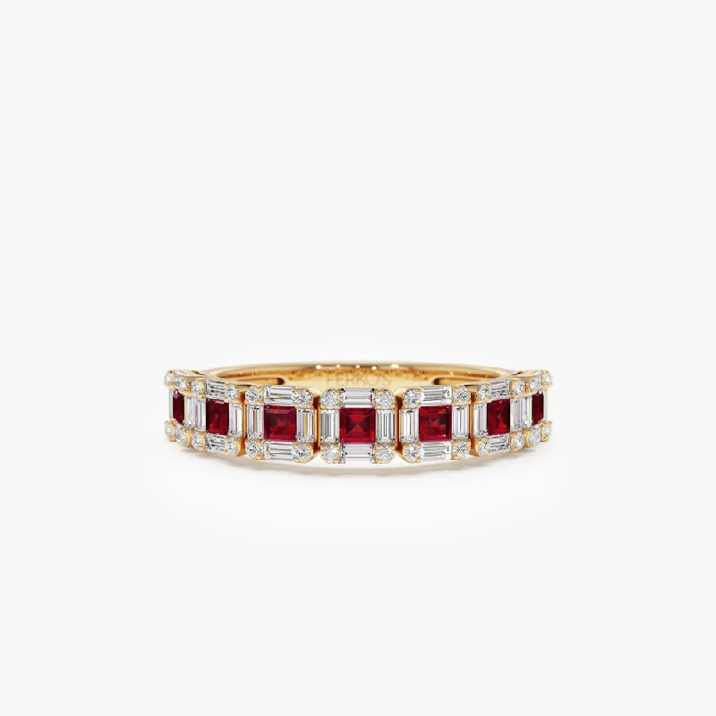 Vintage style engagement rings for women -14k Princess Cut Ruby W/ Baguette and Round Diamond Ring