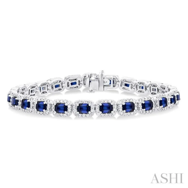 Personalized bangles for women -2 1/5 ctw 4X3 MM Sapphire and Round Cut Diamond Halo Precious Bracelet in 14K White Gold