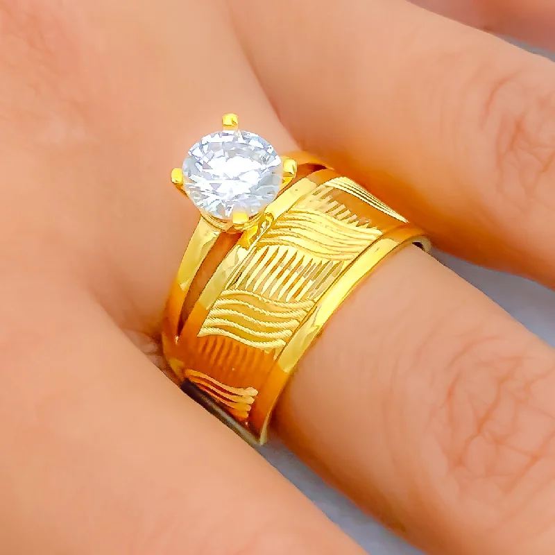 Custom gold rings for women -Wave Band 22k Gold CZ Ring w/ Solitaire