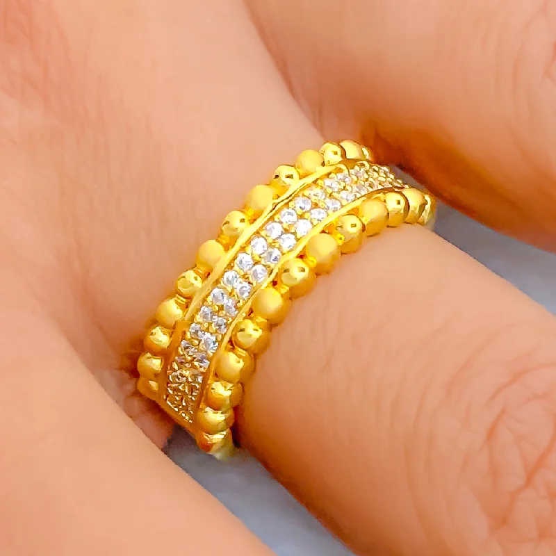 Unique wedding bands for women -Elegant Lined Dual Finish 22k Gold CZ Ring