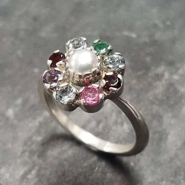 Vintage gemstone rings for women -Dainty Pearl Ring - Colorful Flower Ring - Multistone Ring