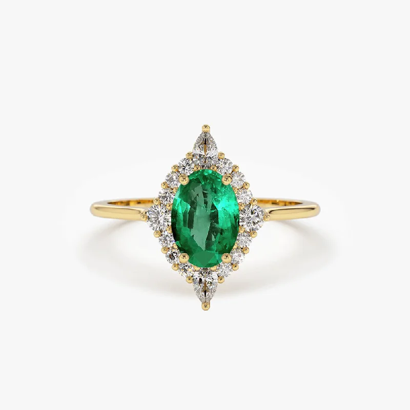 Engagement rings with gemstone accents for women -14k Oval Emerald and Diamond Bellarina Ring