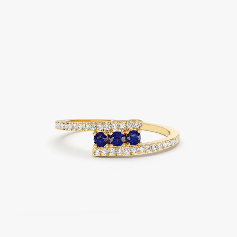 Dazzling engagement rings for women -14k Cross Over Diamond Ring with Round Blue Sapphires