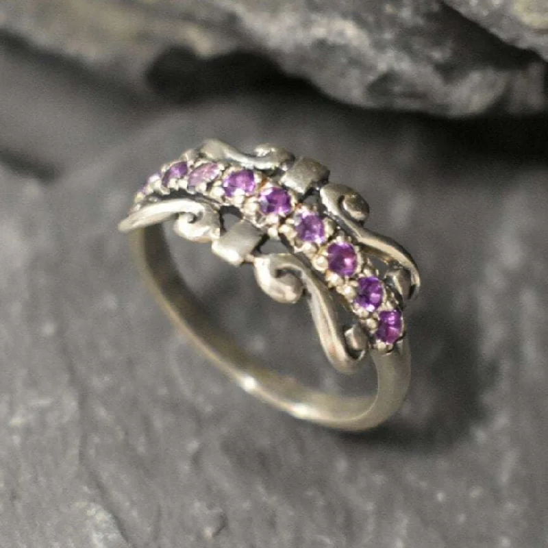 Sparkling rings for women -Purple Tiara Band - Natural Amethyst Ring, February Birthstone Ring