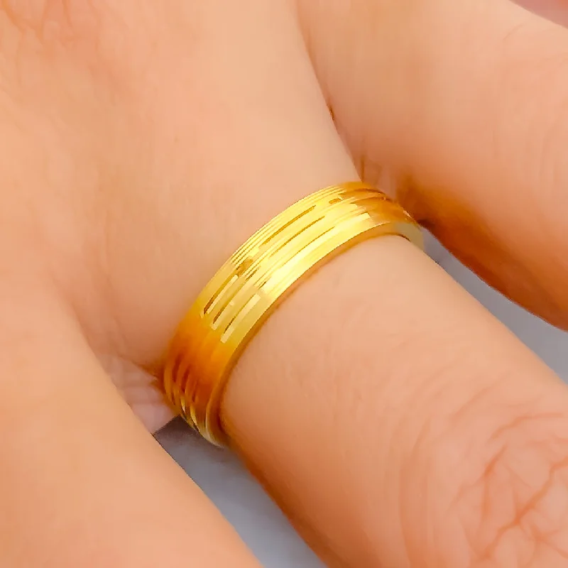 Anniversary rings for women -Striped Bespoke Golden 22k Gold Band