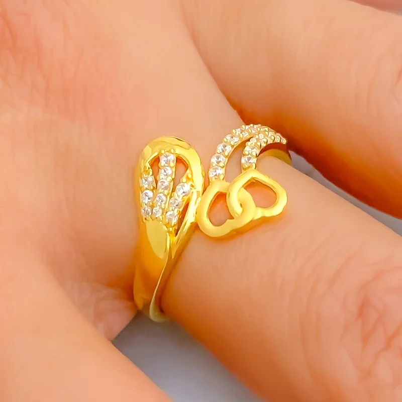 Birthstone rings for women -Opulent Overlapping Twin Heart 22k Gold CZ Ring