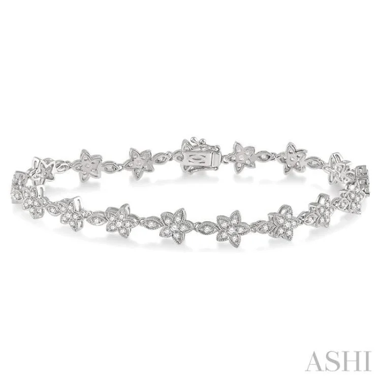 Diamond tennis bracelets for women -1 1/5 Ctw Flower and Marquise Link Diamond Bracelet in 14K White Gold