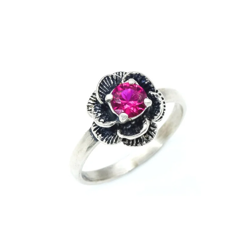 Simple wedding rings for women -Flower Ruby Ring - Red Ruby Ring, Pink Flower Ring