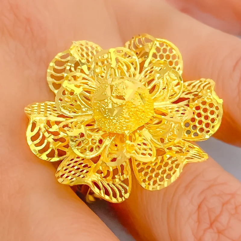 Zircon rings for women -Fancy Fine Netted 22k Gold Flower Ring